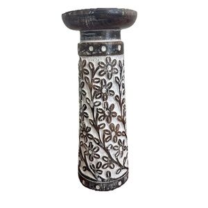 Whitewash Floral Mango Wood Hand Carved candle holder Boho 10 Inch Pillar